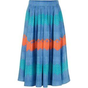 MORGAN CARPER Anthropologie Blue Multi 100% Silk  Pleated SERI Midi Skirt SMALL